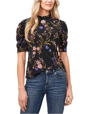 Catherine Malandrino Black Floral Puff-Sleeve Mock Neck Blouse, Size L